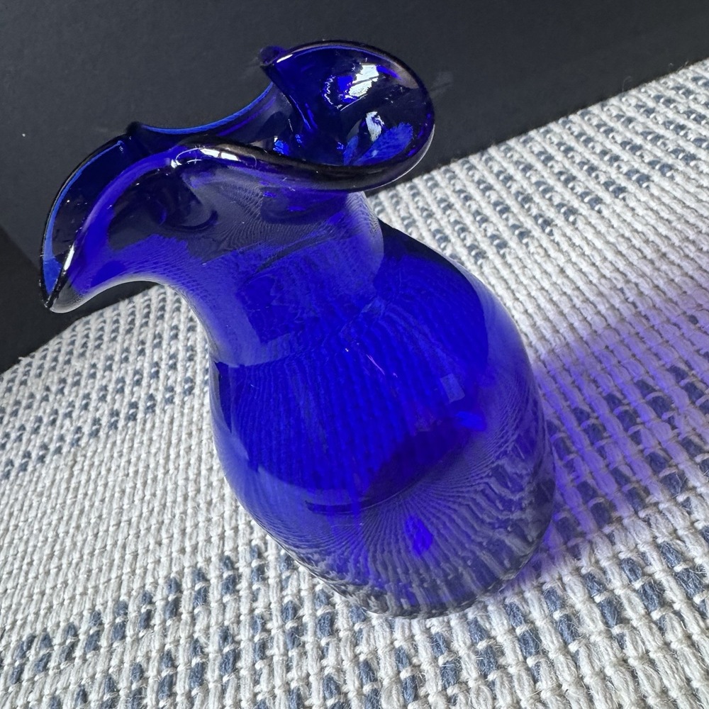 Stunning Vintage Cobalt Blue Ruffled Rim Glass Vase With Bottom Pontil Marking